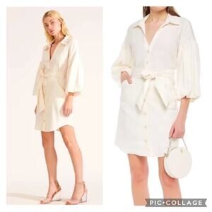 Veronica Beard Samy Linen Shirt Dress Long Puff Sleeves Cream Button Up sz 6